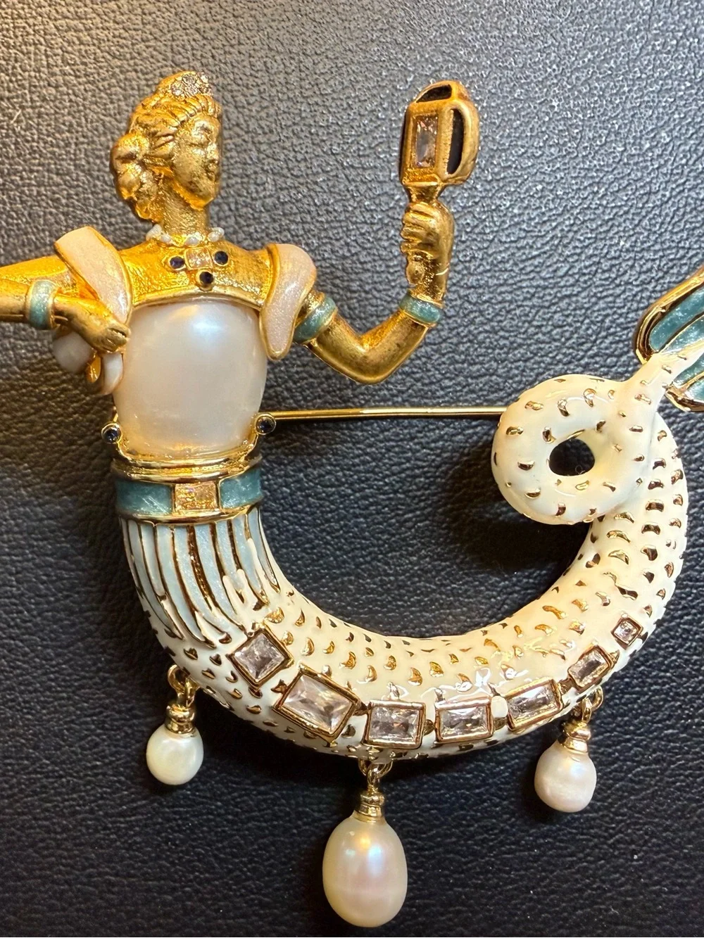 Gold-Tone Pearl & White Enamel Mermaid Brooch with Blue Accents